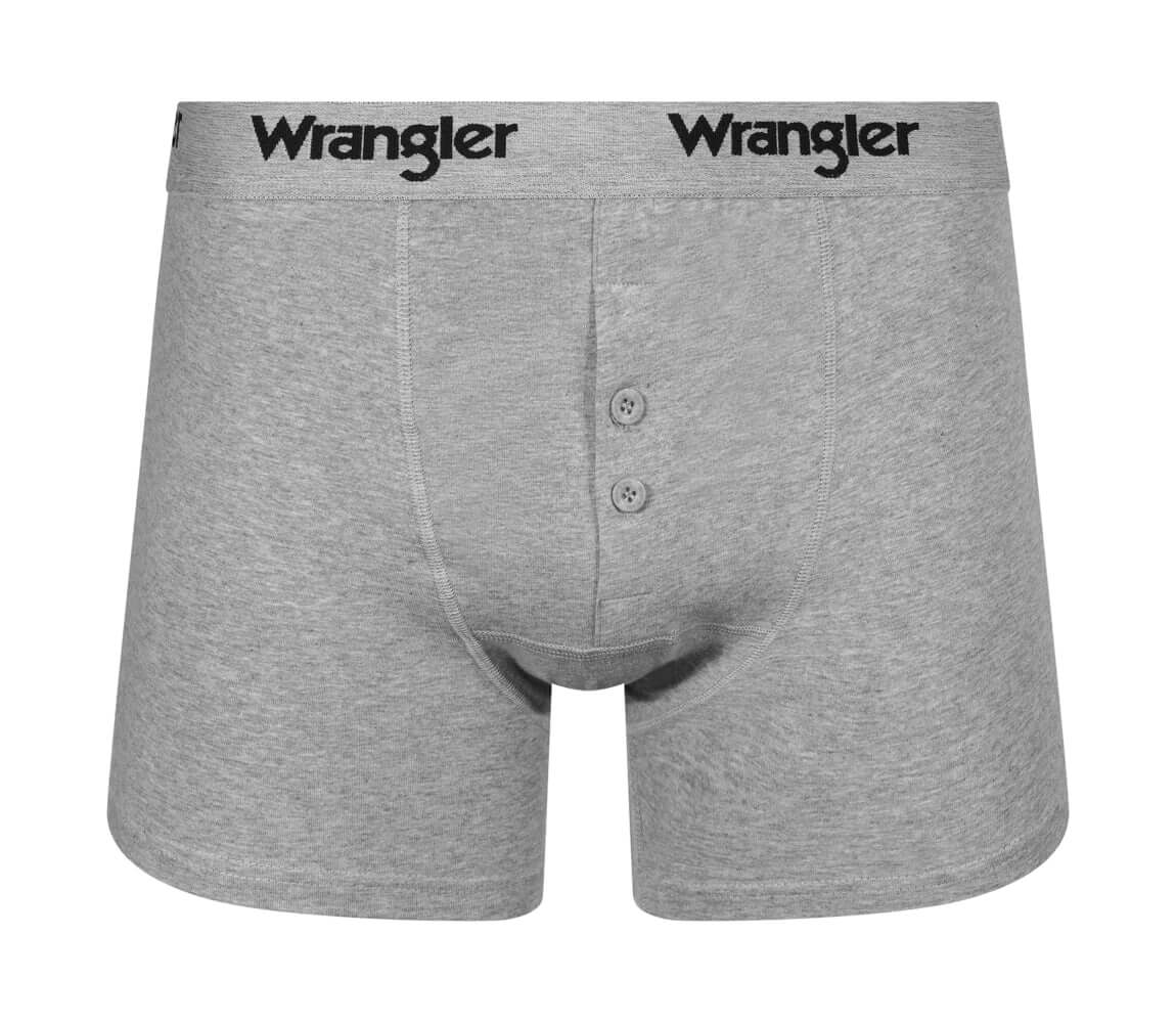 Wrangler Tait Button Fly Men’s Boxer Trunks 3 Pack – White, Grey & Black Cotton Underwear