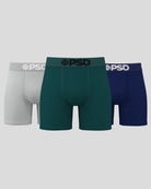 Three pairs of PSD boxer briefs in gray, green, and blue on a light gray background.