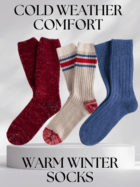 Three pairs of warm winter socks in red, beige with red and blue stripes, and blue on a white background.