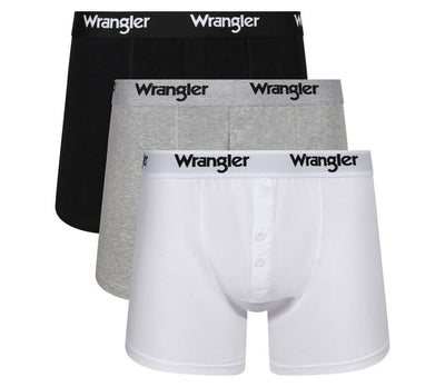 Wrangler Tait Button Fly Men’s Boxer Trunks 3 Pack – White, Grey & Black Cotton Underwear