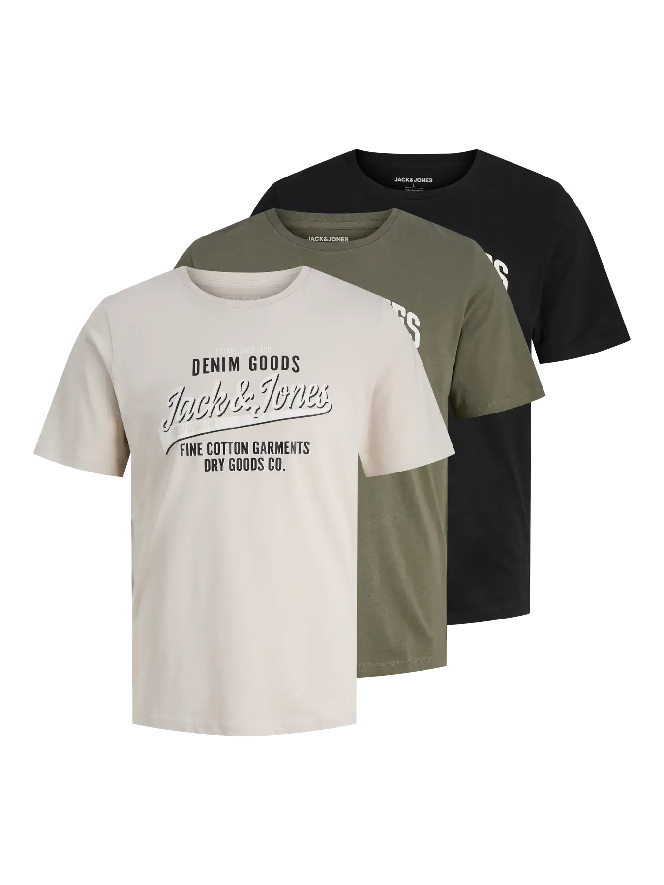 Jack & Jones 3 Pack JJETHAN Crew Neck T-Shirts - Olive, Black & Moonbeam