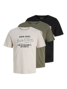 Jack & Jones 3 Pack JJETHAN Crew Neck T-Shirts - Olive, Black & Moonbeam