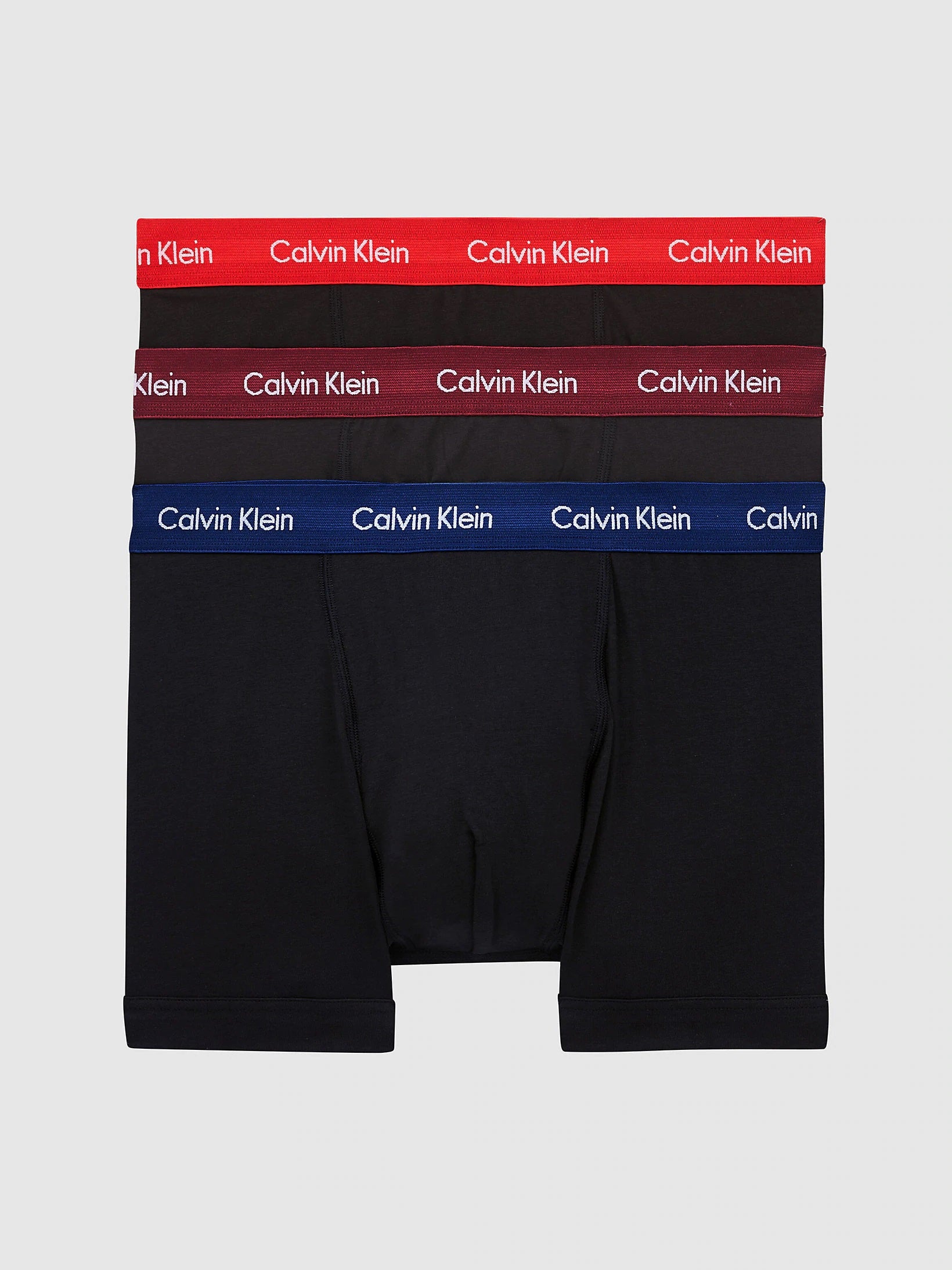 Calvin Klein 3 Pack Men's Trunks - Black with Navy / Lush Burgundy / Red Gala - Cotton Stretch