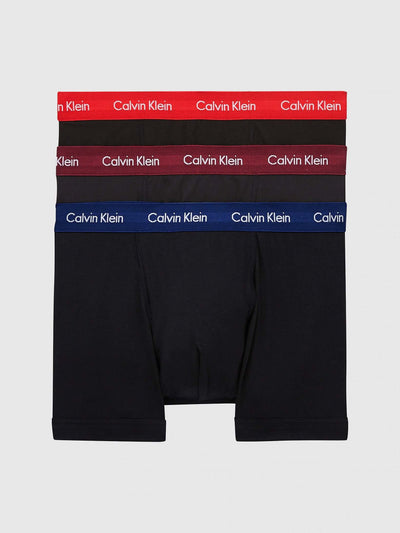 Calvin Klein 3 Pack Men's Trunks - Black with Navy / Lush Burgundy / Red Gala - Cotton Stretch
