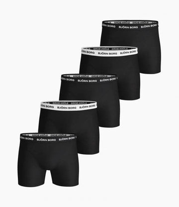 Bjorn Borg Solid Essential Boxer Shorts 5 Pack- Black with White waistband