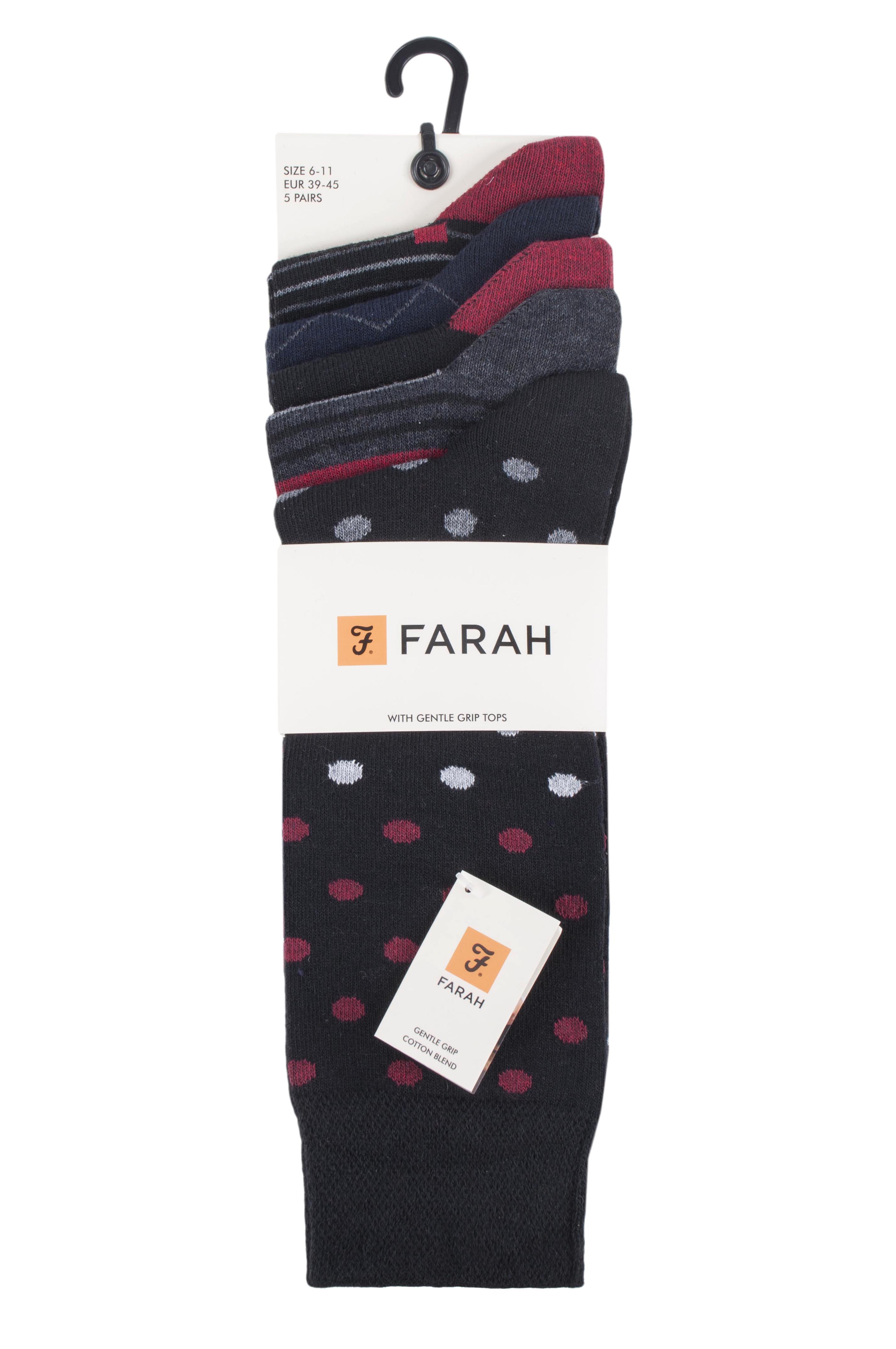 Farah Men’s 5 Pack Cotton Rich Patterned Socks – Striped & Argyle Designs (UK 6-11)