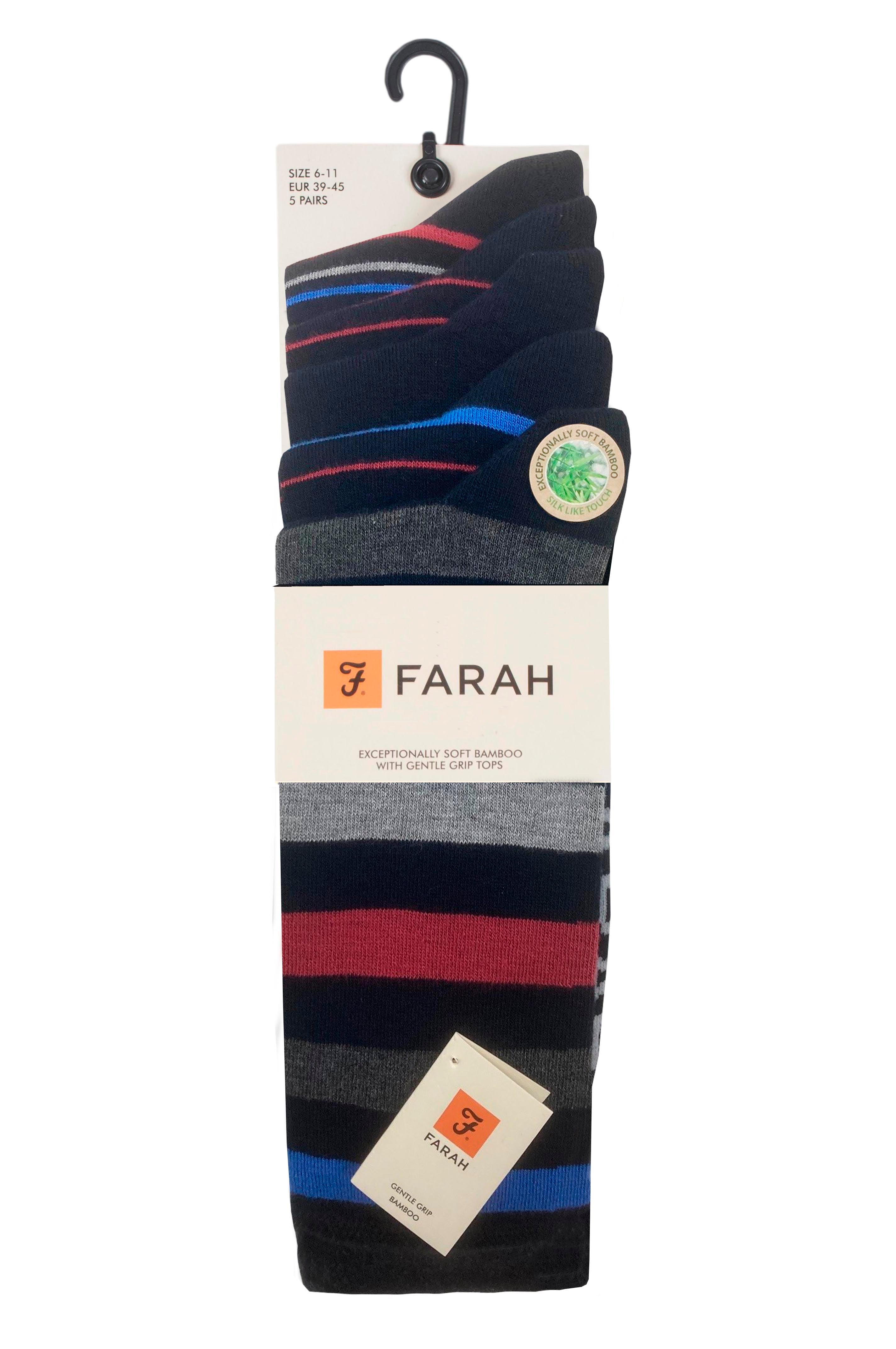 Farah Men’s 5 Pack Bamboo Stripe Socks – Soft, Breathable &amp; Antibacterial (UK 6-11)