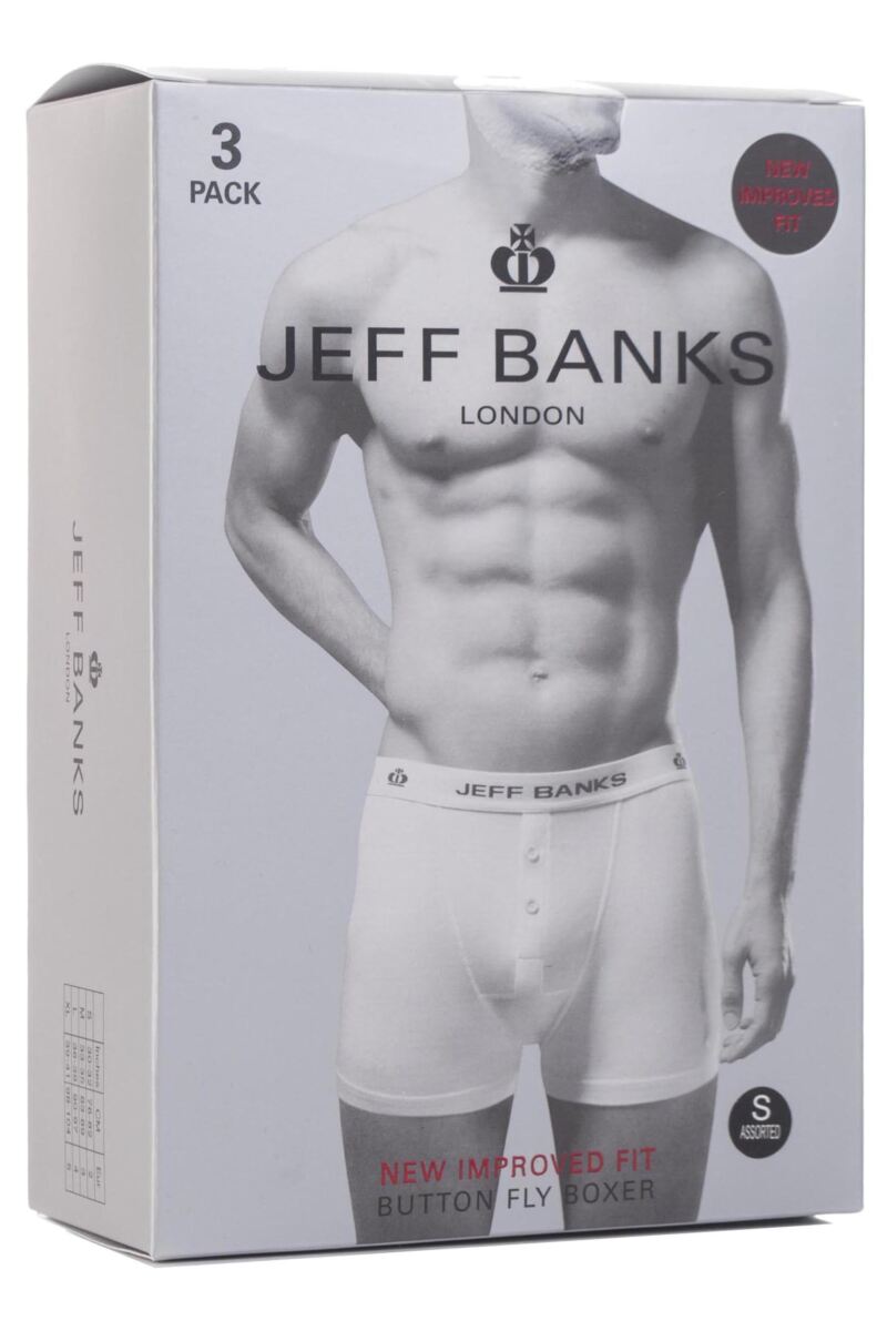 Jeff Banks 3 Pack Men’s Marlow Button Boxer Shorts – Black, Grey & White