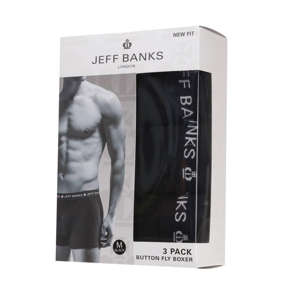 Jeff Banks 3 Pack Men's Marlow Button Boxer Shorts- All Black | Trunks ...