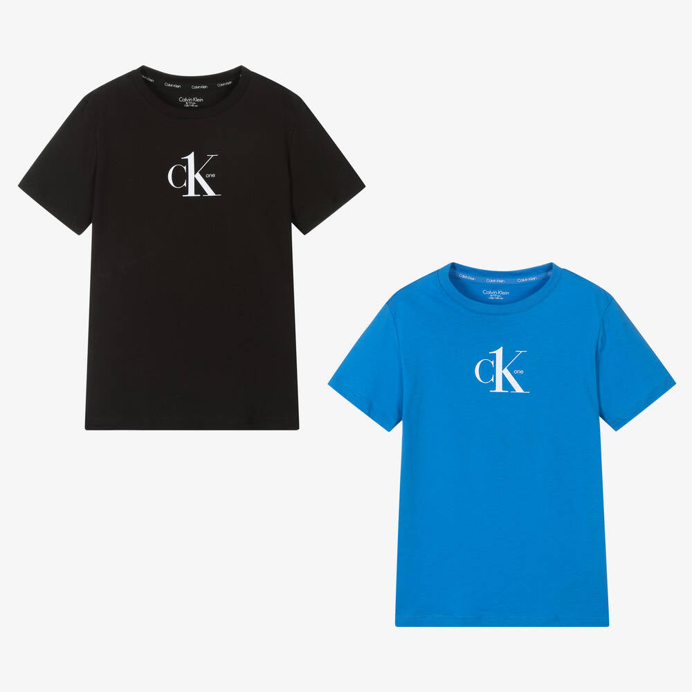Calvin Klein 2 Pack Boys T-Shirts - Aqua/Black | Trunks and