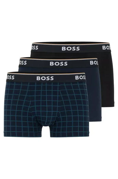 BOSS 3 Pack of Stretch-Cotton Trunks with Logo Waistbands -Black / Blue - 974