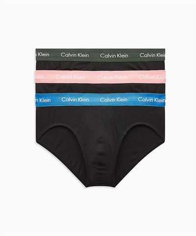 Calvin Klein 3 Pack Hip Briefs -  Black with Coloured Waistband  ( Pomello / Duffle Bag / Temp )
